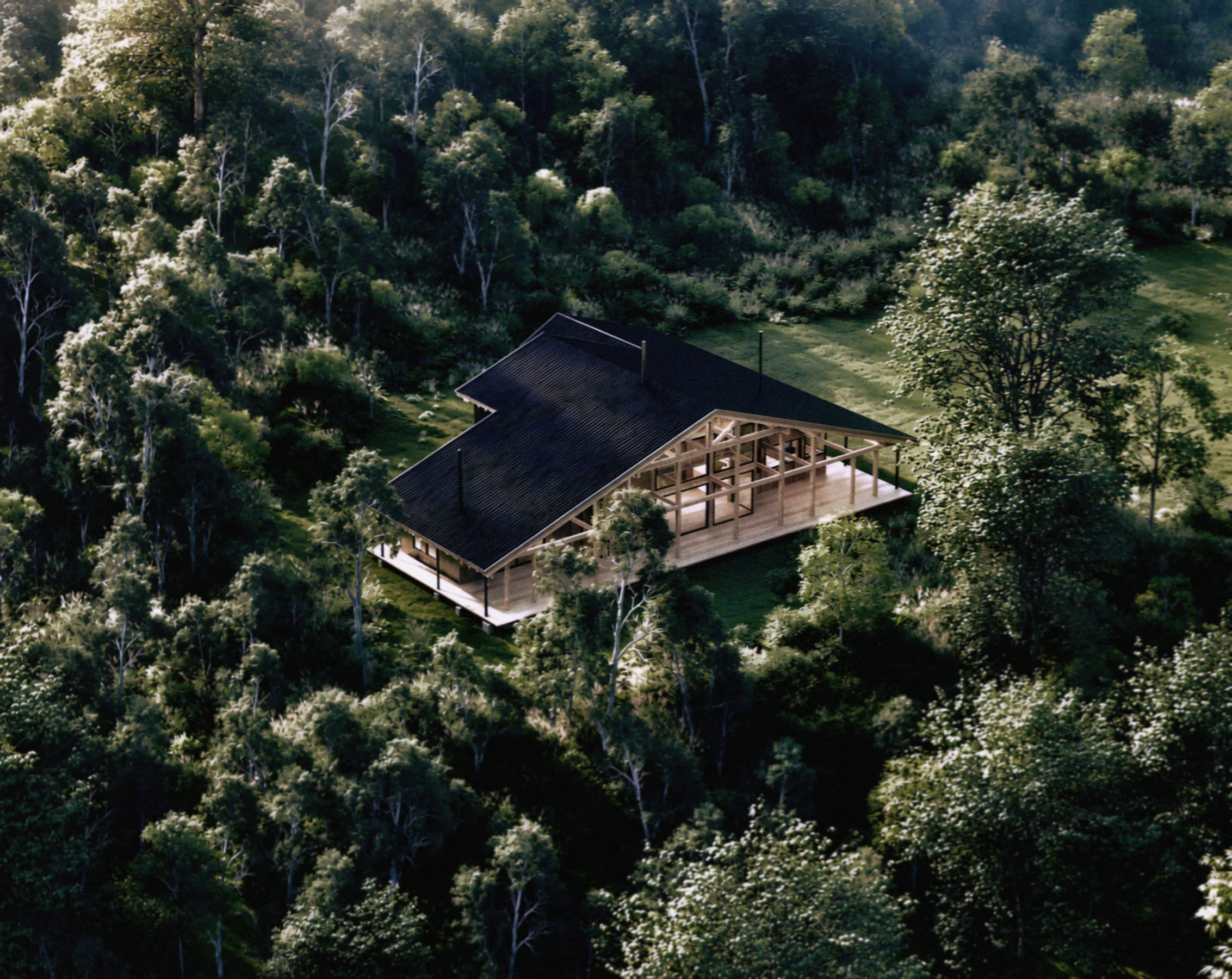 Casa Austral rodeada por un paisaje de bosque